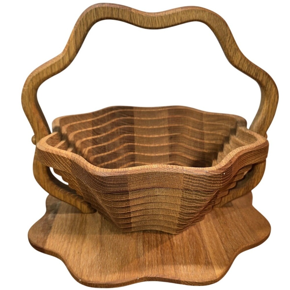 Vintage Collapsible Wooden Centerpiece Basket Trivet Folds Flat Spiral Cut Bowl‎